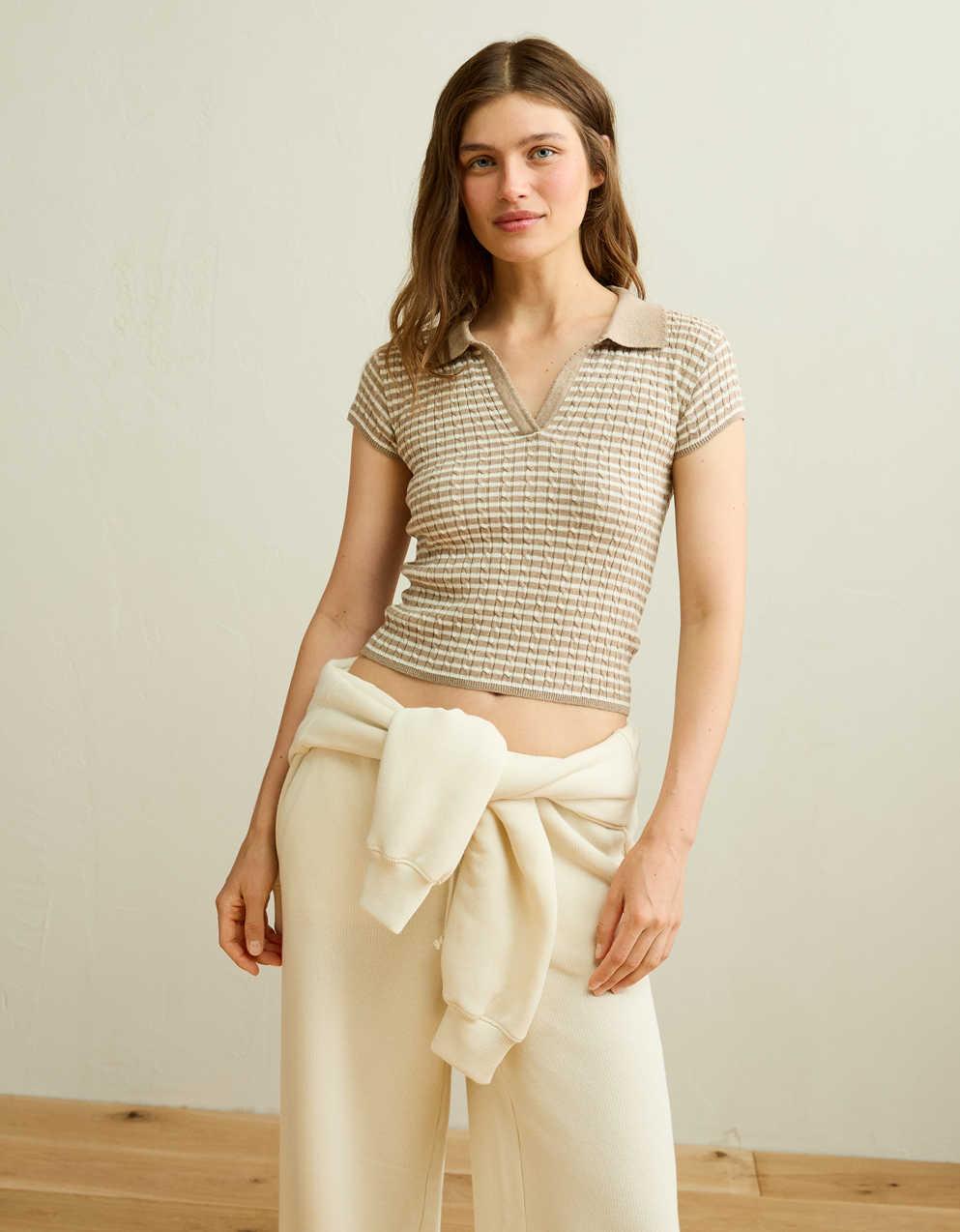 AE V-Neck Cable Knit Sweater Polo