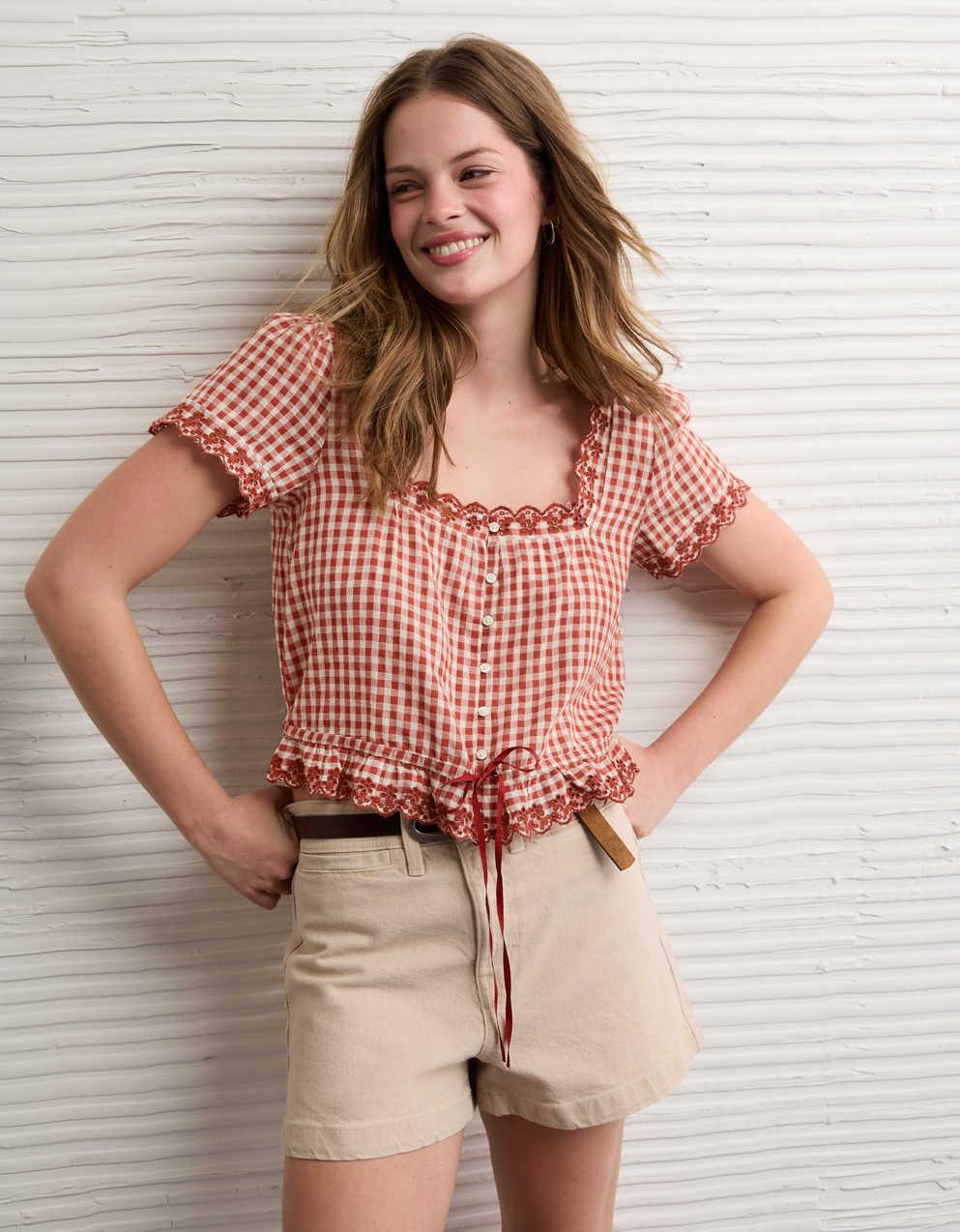 AE Short-Sleeve Button-Up Blouse