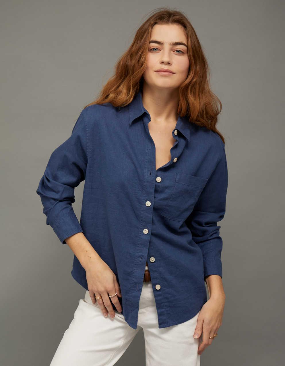 AE Oversized Linen-Blend Button-Up Shirt