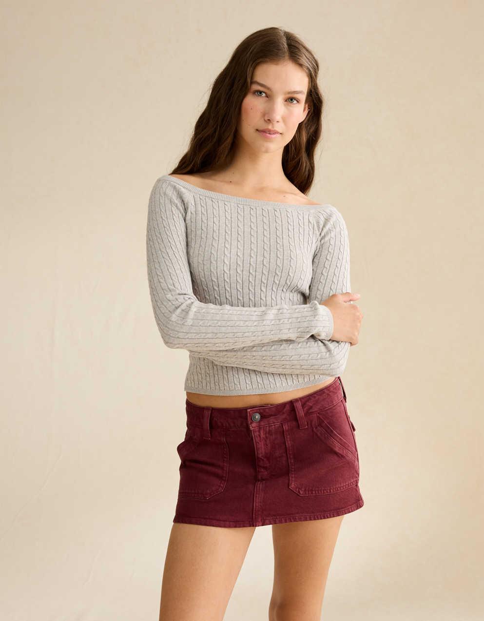 AE Fitted Off-the-Shoulder Cable Knit Sweater