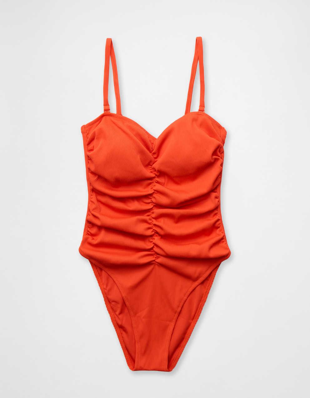 Aerie Ribbed Ruched Bandeau Cheeky One Piece Swimsuit