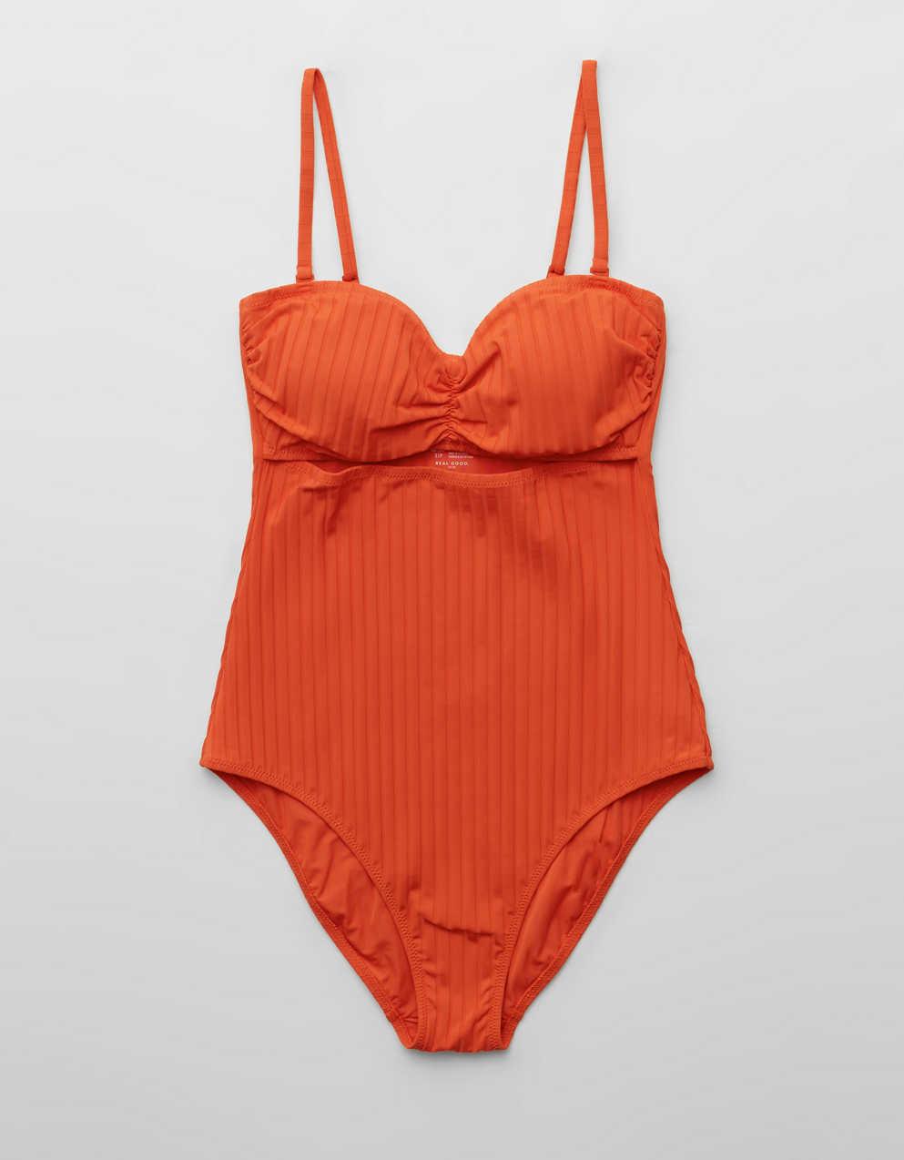 Aerie Ribbed Ruched Bandeau Cutout Cheeky ワンピース水着