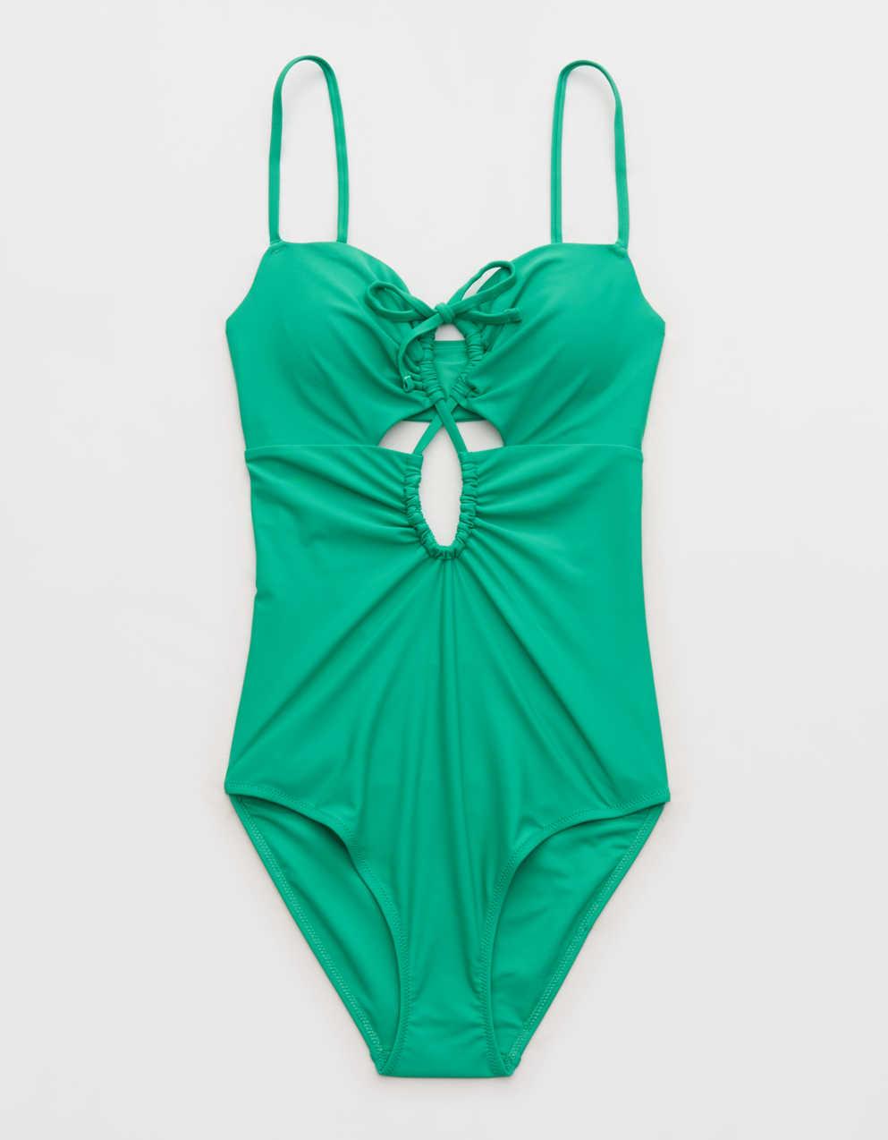 Aerie シャーリング＆カットアウト フルカバー ワンピース水着
