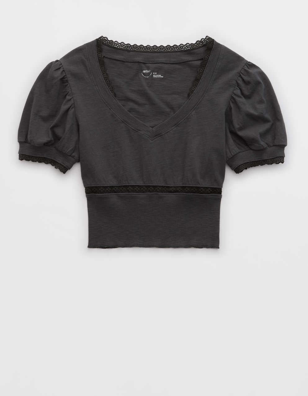 Aerie Cropped Lace Trim V-Neck T-Shirt