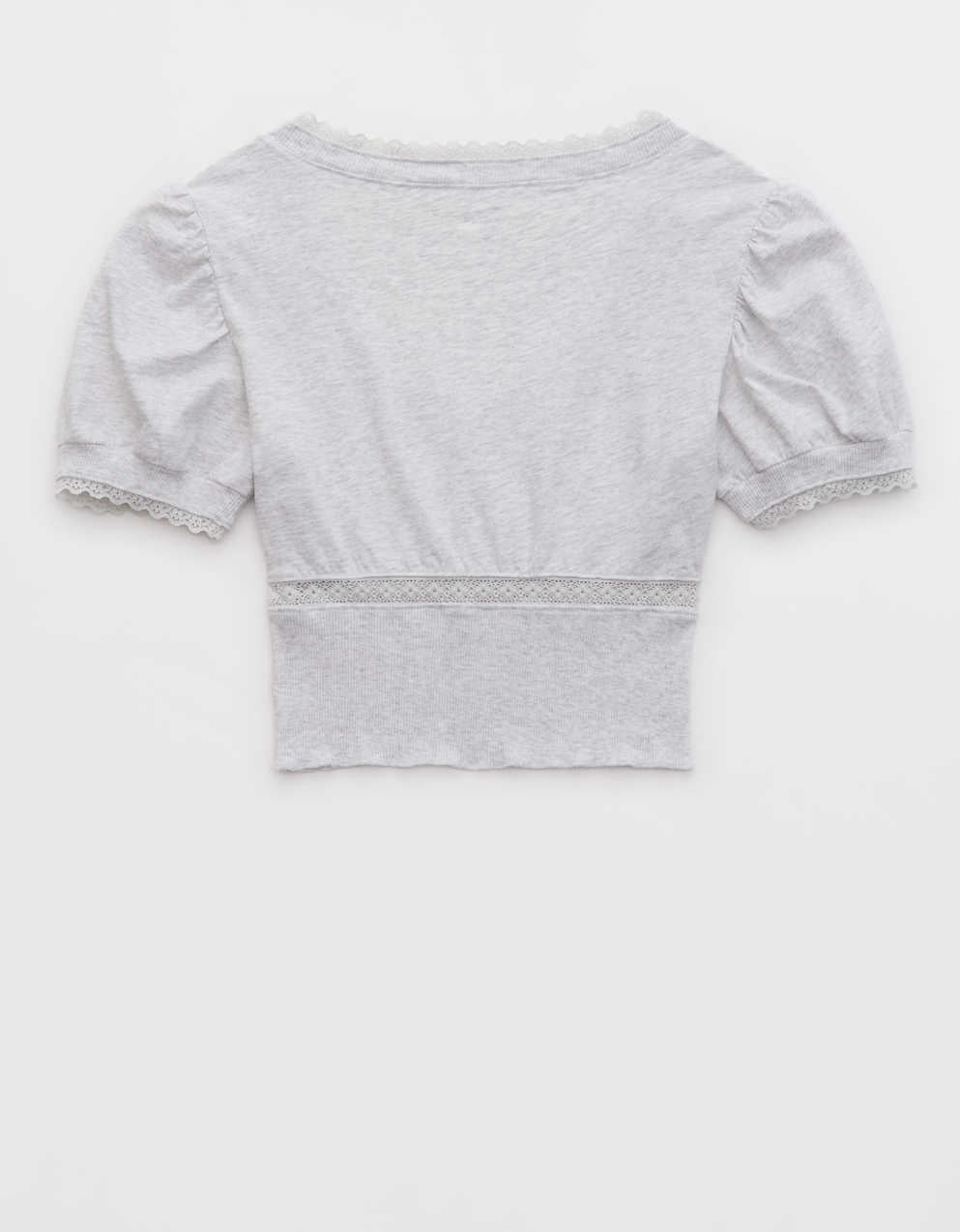 Aerie クロップド レース トリム Vネック Tシャツ