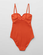 Aerie Ribbed Ruched Bandeau Cutout Cheeky ワンピース水着