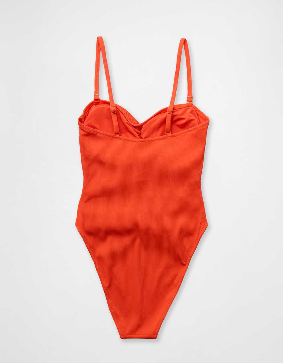Aerie リブ編みシャーリング・バンドゥー・チーキー・ワンピース水着