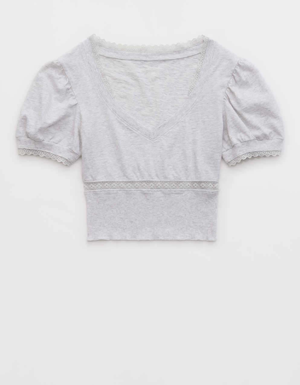 Aerie Cropped Lace Trim V-Neck T-Shirt