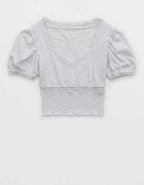 Aerie クロップド レース トリム Vネック Tシャツ
