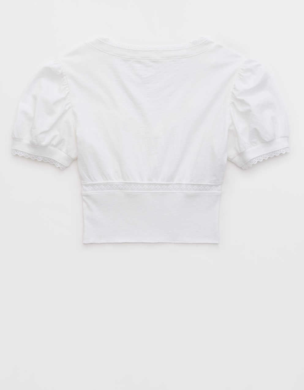 Aerie クロップド レース トリム Vネック Tシャツ
