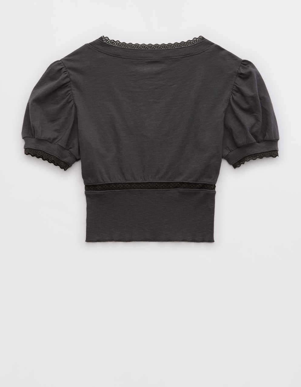 Aerie クロップド レース トリム Vネック Tシャツ