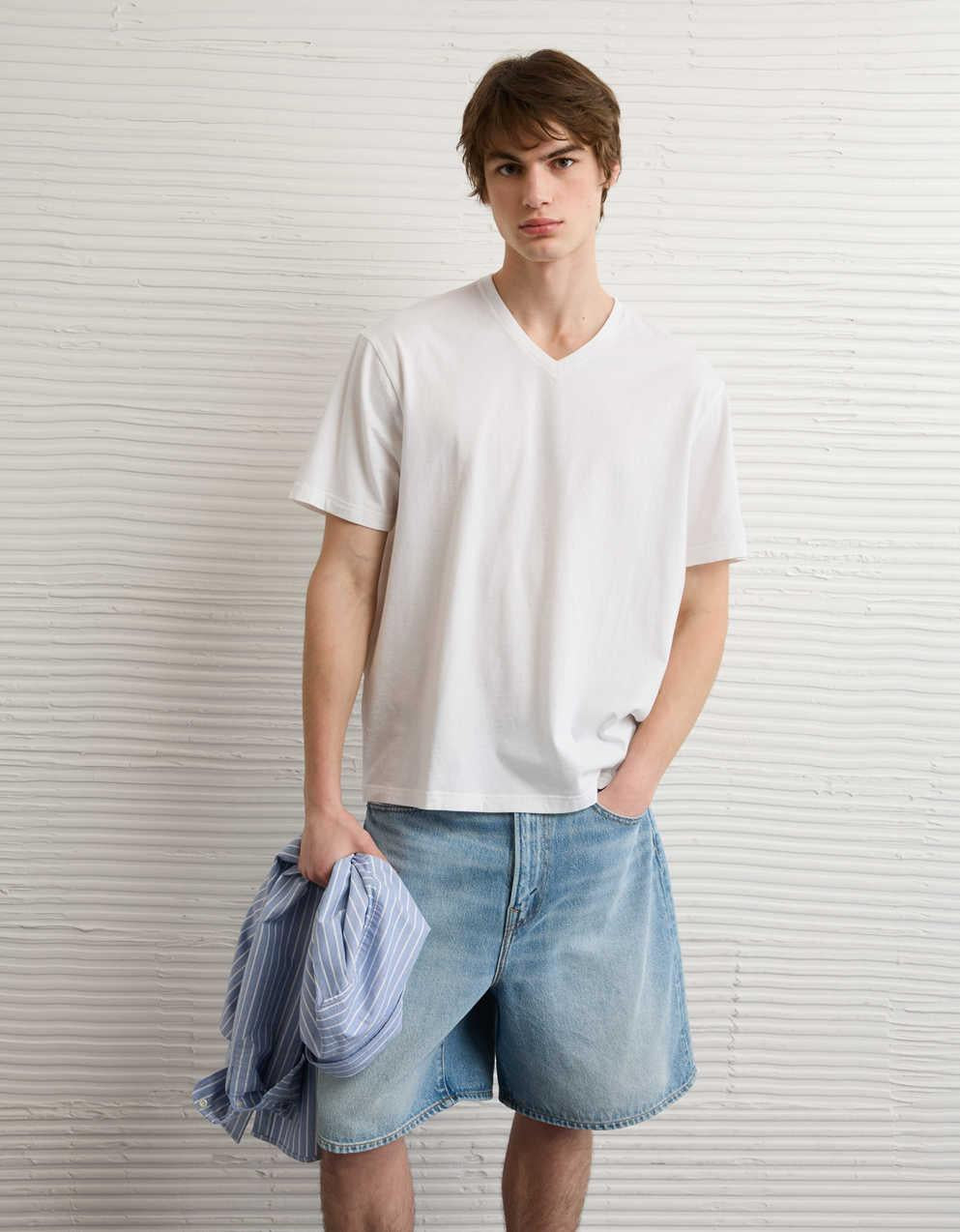 AE スタンダード・フィット・リブド・インVネックTシャツ