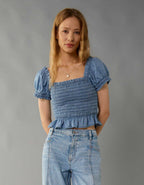 AE High Neck Puff Sleeve Smocked T-Shirt