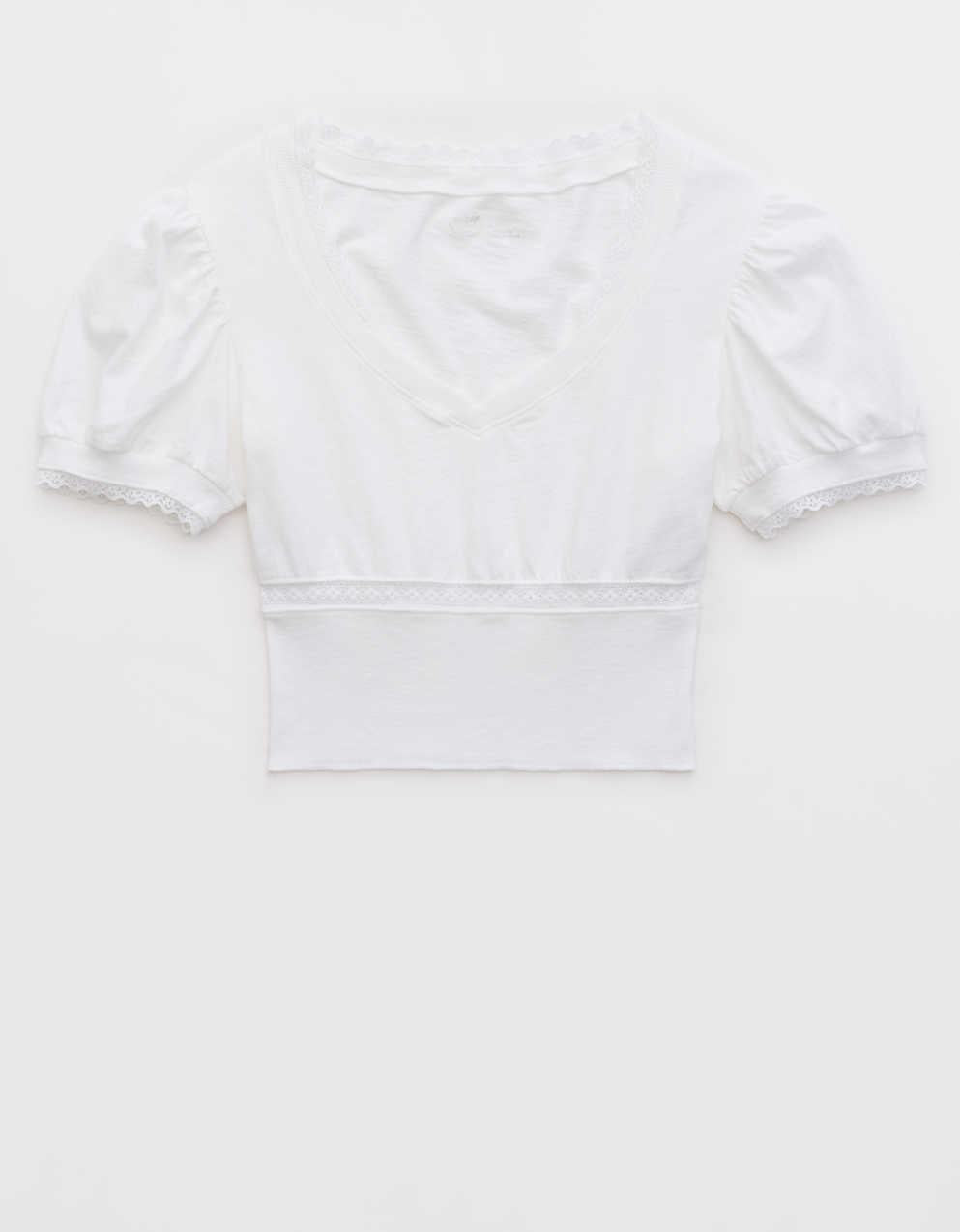 Aerie クロップド レース トリム Vネック Tシャツ