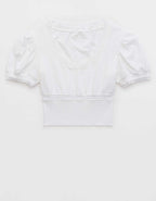 Aerie クロップド レース トリム Vネック Tシャツ