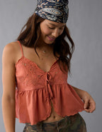 AE Tie Front Embroidered Tank Top