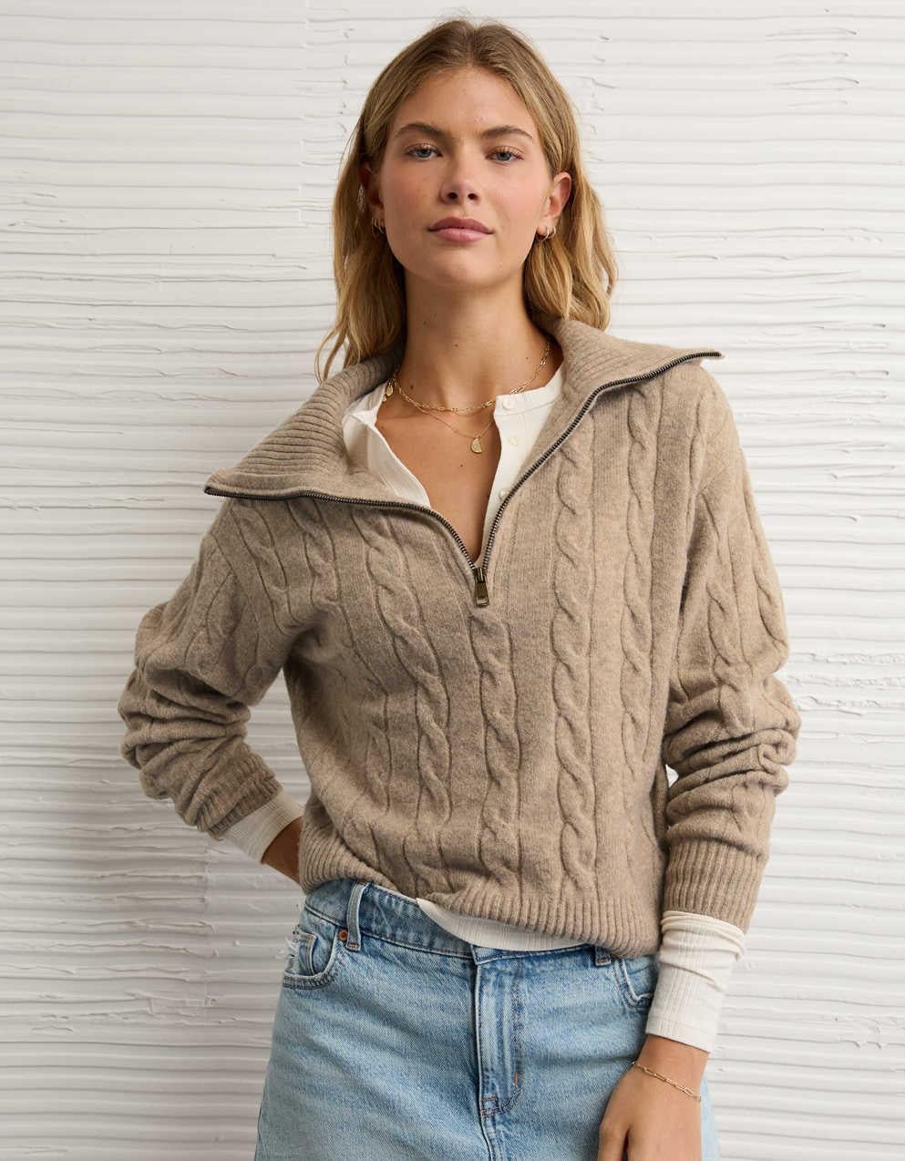 AE Cable-Knit Quarter-Zip Sweater